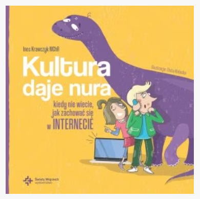 Książka kultura daje nura – widok okładki. Na okładce dwójka dzieci obok laptopa, a w tle fioletowy dinozaur