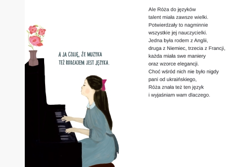 Zdjęcie z fragmentu książki Róża, która widziała więcej. Młoda Róża Czacka gra na pianinie.